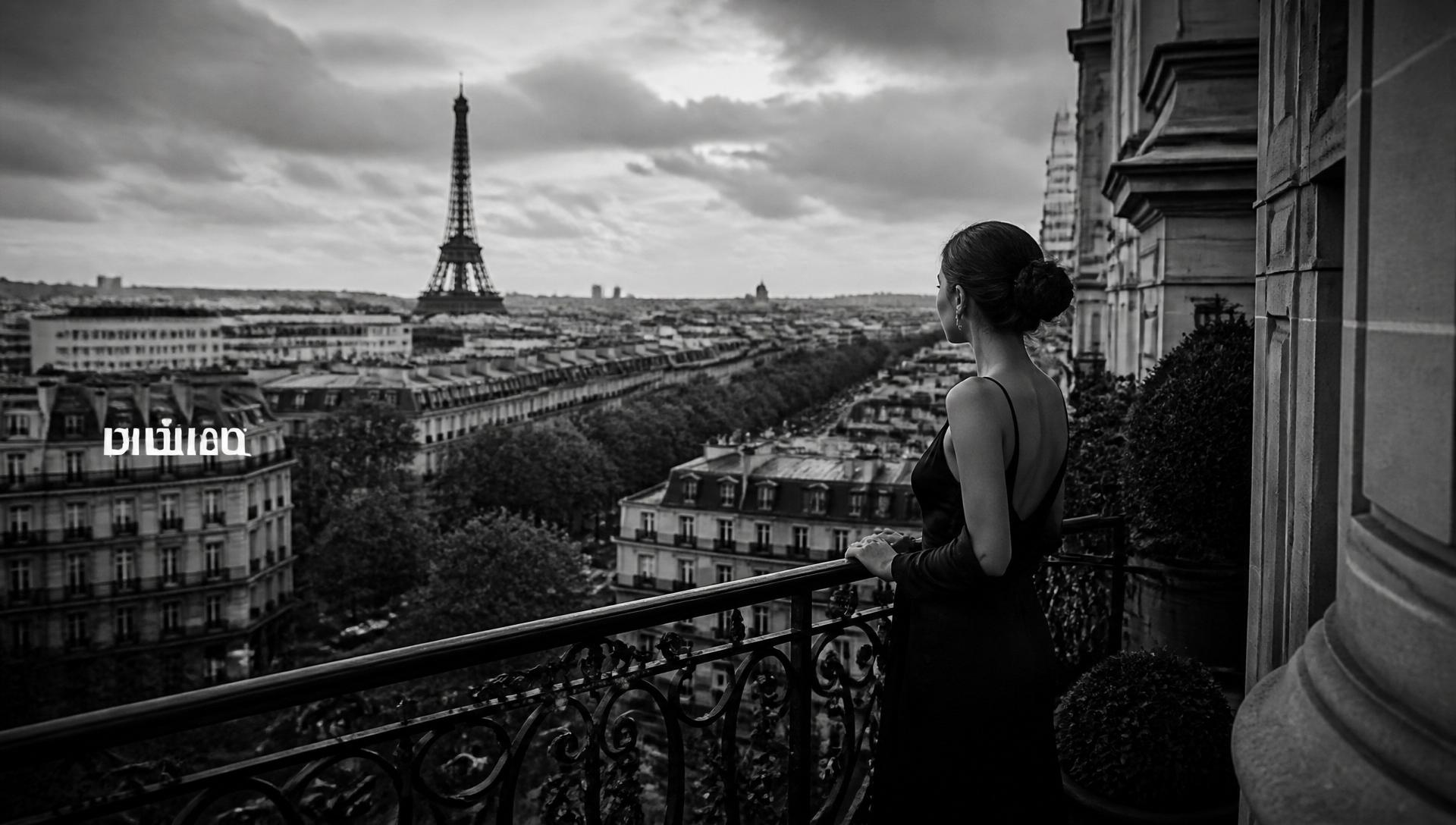 Editorial black and white — Paris balcony with Eiffel Tower view